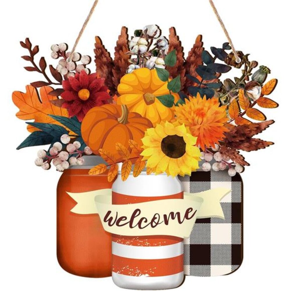 Spiareal Fall Decor Wood Fall Door Sign Pumpkin Thanksgiving Welcome Sign for
